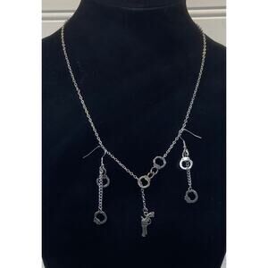 Retro Silver Tone Handcuff & Gun Earrings & Toggle Necklace Set